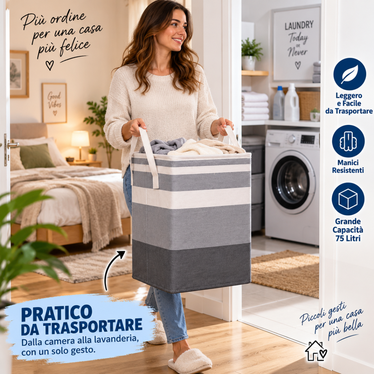 Cesto portabiancheria pieghevole grigio a righe bianche con manici, trasportabile