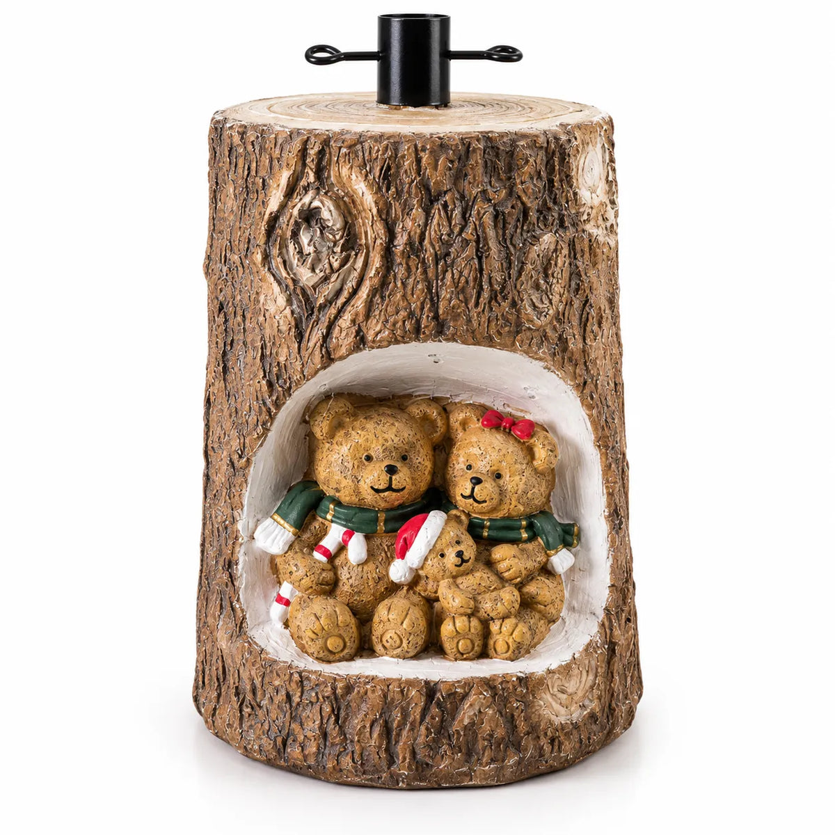 Tronco natalizio in finto legno con famiglia di orsetti, senza luci.