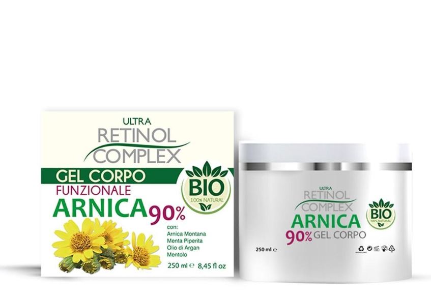 Gel corpo arnica 90% in scatola e barattolo bianco da 250 ml