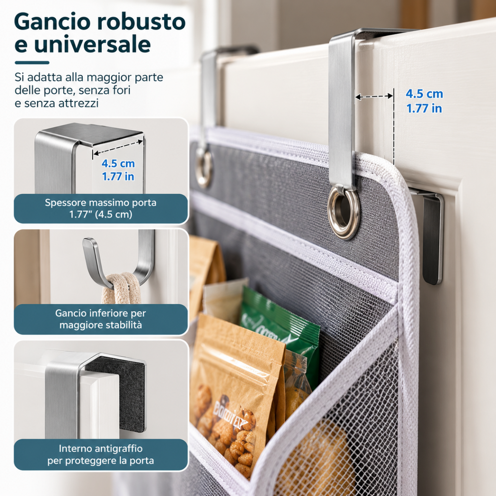 Organizer da porta sospeso con ganci universali e pannelli in rete grigia