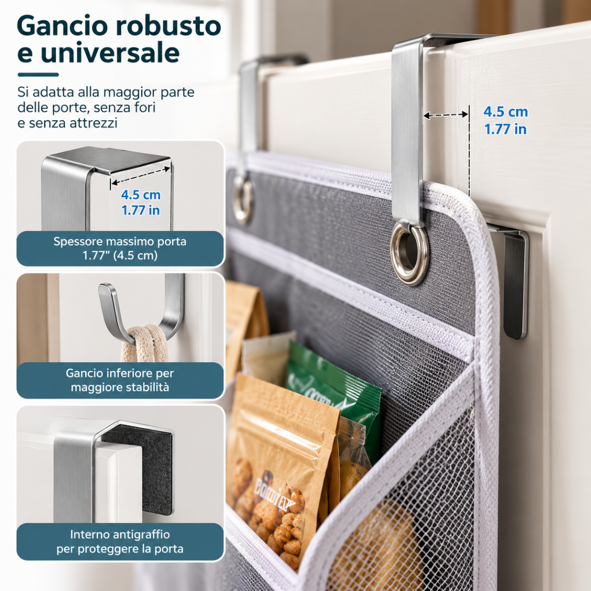Organizer da porta sospeso con ganci universali e pannelli in rete grigia