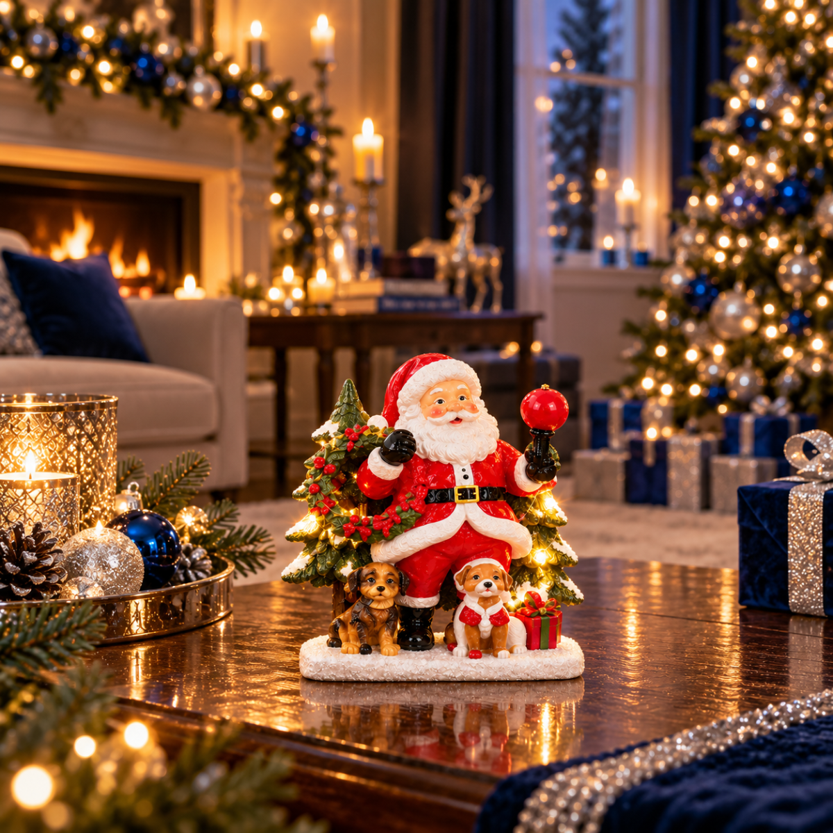 Decorazione natalizia Babbo Natale su base effetto legno con albero di Natale LED