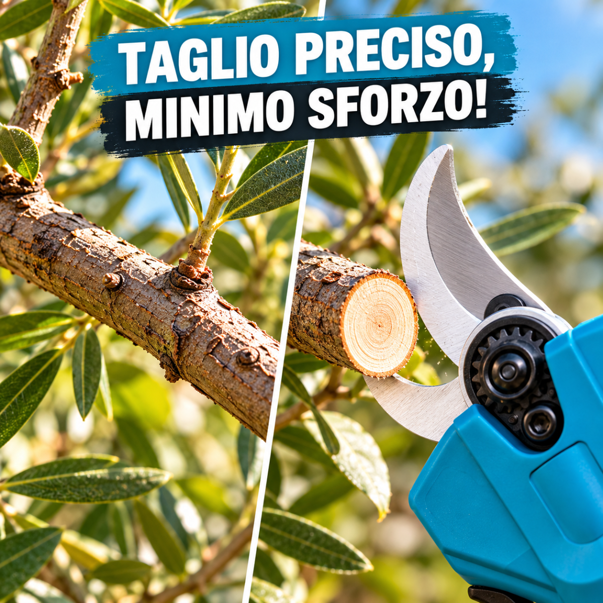 Cesoia elettrica a batteria con lama curva che taglia un ramo, corpo blu