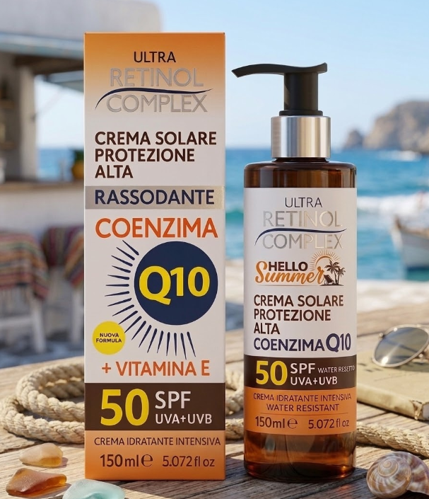Crema solare SPF 50: scatola arancione e flacone ambrato con pompa nera
