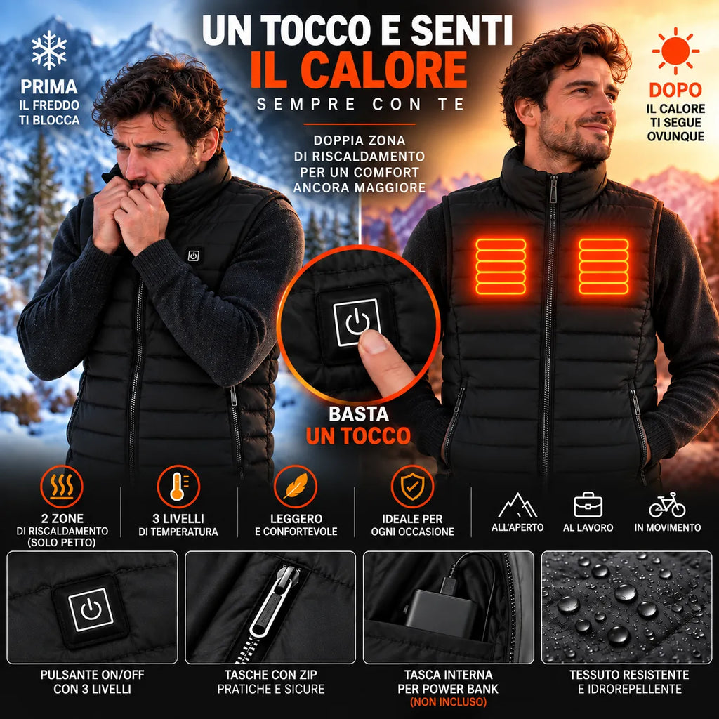 Gilet riscaldante unisex nero con display pulsante on/off e pannelli calore accesi
