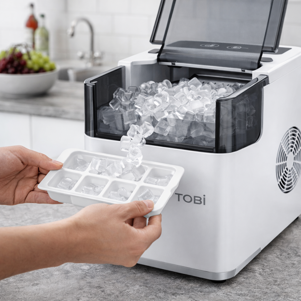 Macchina del ghiaccio TOBI bianca con vasca aperta e vassoio di cubetti tra le mani
