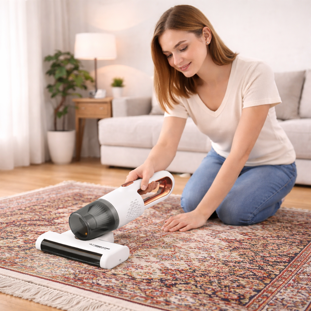 Aspirapolvere portatile bianco e grigio con bocchetta rame, su tappeto
