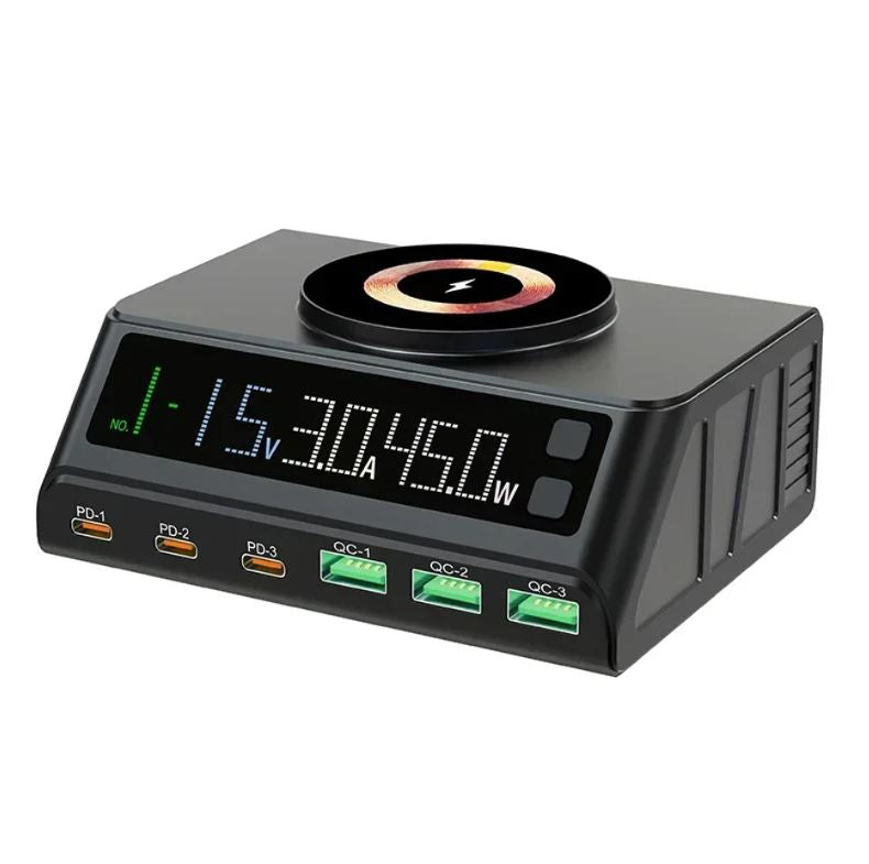 Stazione di ricarica rapida 7 in 1 nera con display LED e base di ricarica wireless