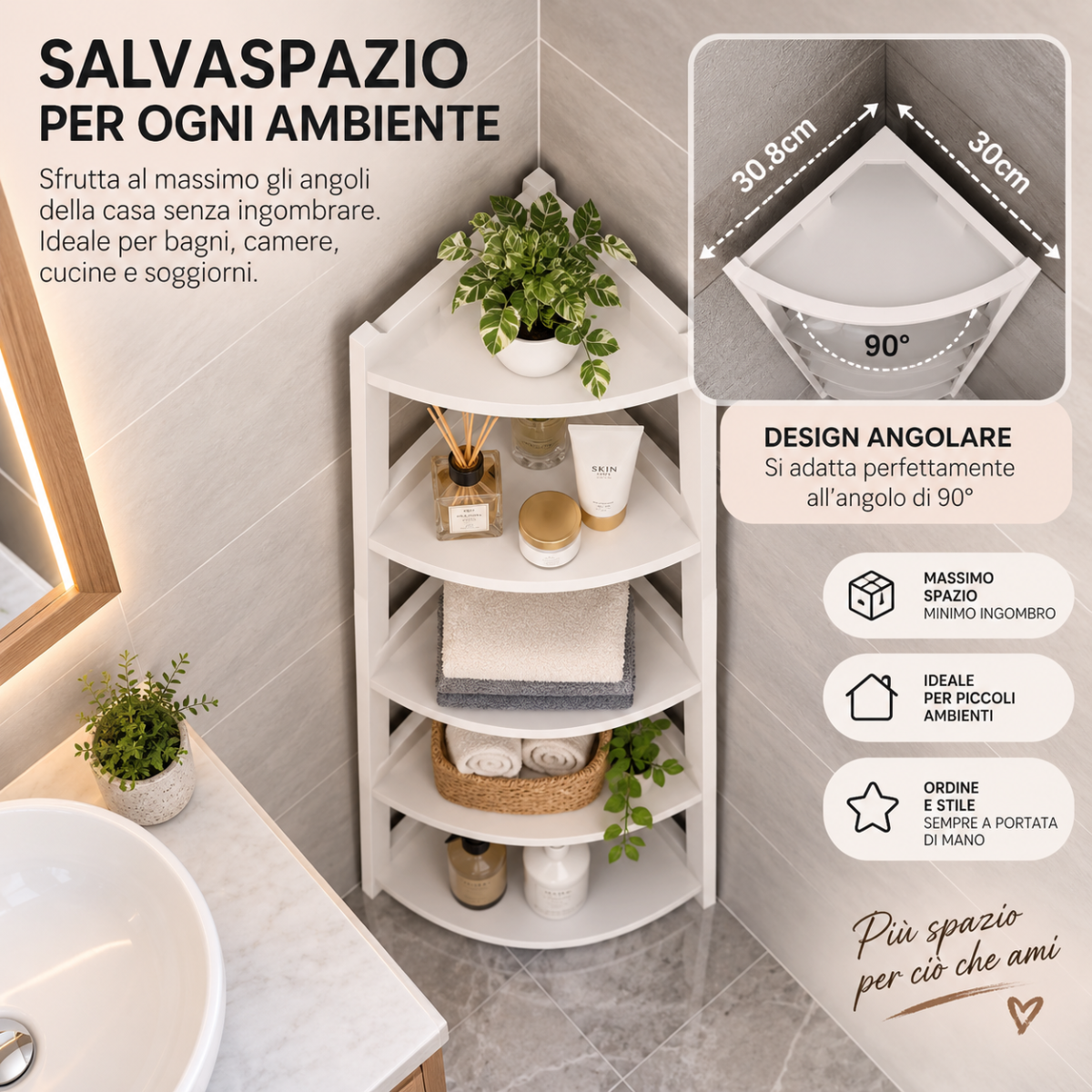 Libreria angolare bianca a 5 ripiani con piante e accessori, design salvaspazio