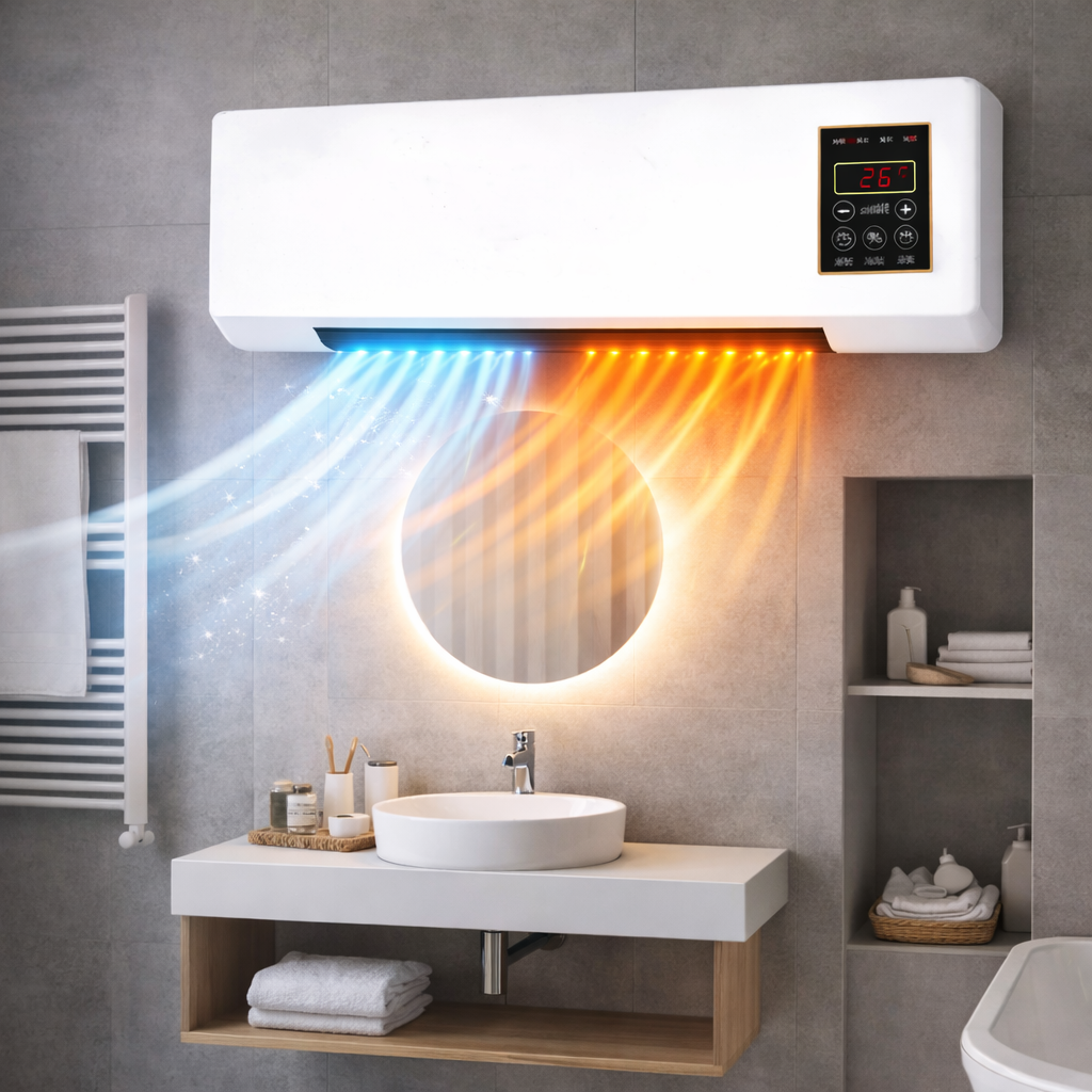 Stufa elettrica da parete bianca con display e getto di calore in bagno