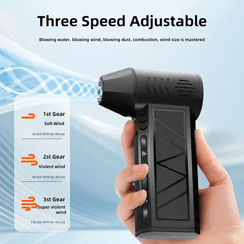 Mini ventilatore turbo jet nero tenuto in mano, ugello anteriore