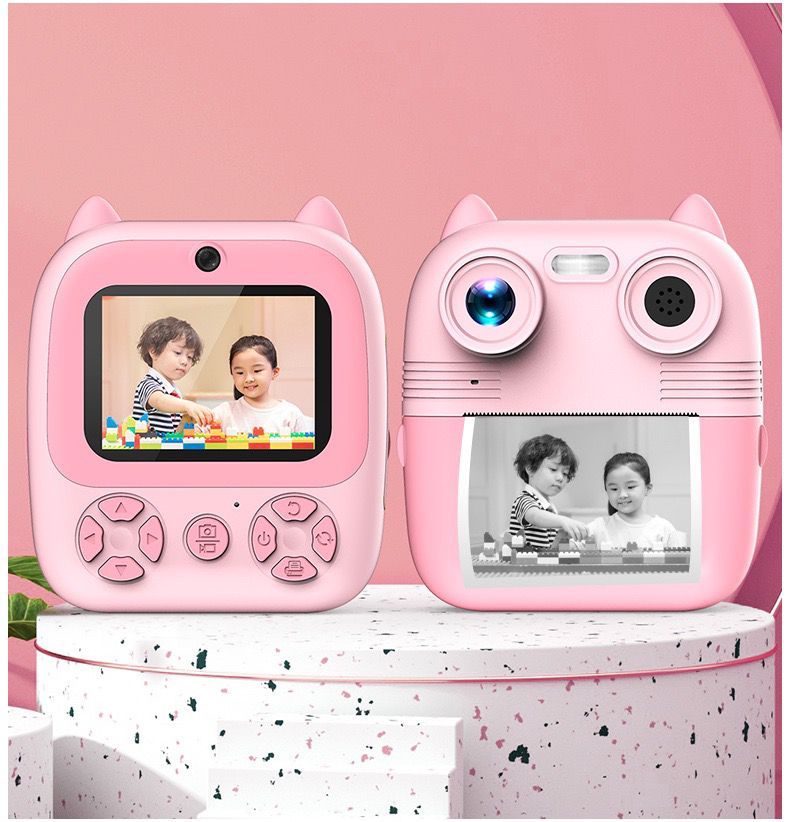 Fotocamera istantanea per bambini rosa a forma di gatto, frontale e retro con altoparlanti