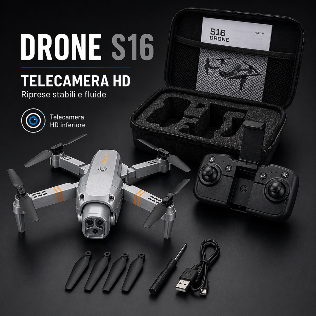 Mini drone pieghevole con telecamera HD inferiore e radiocomando, set nero