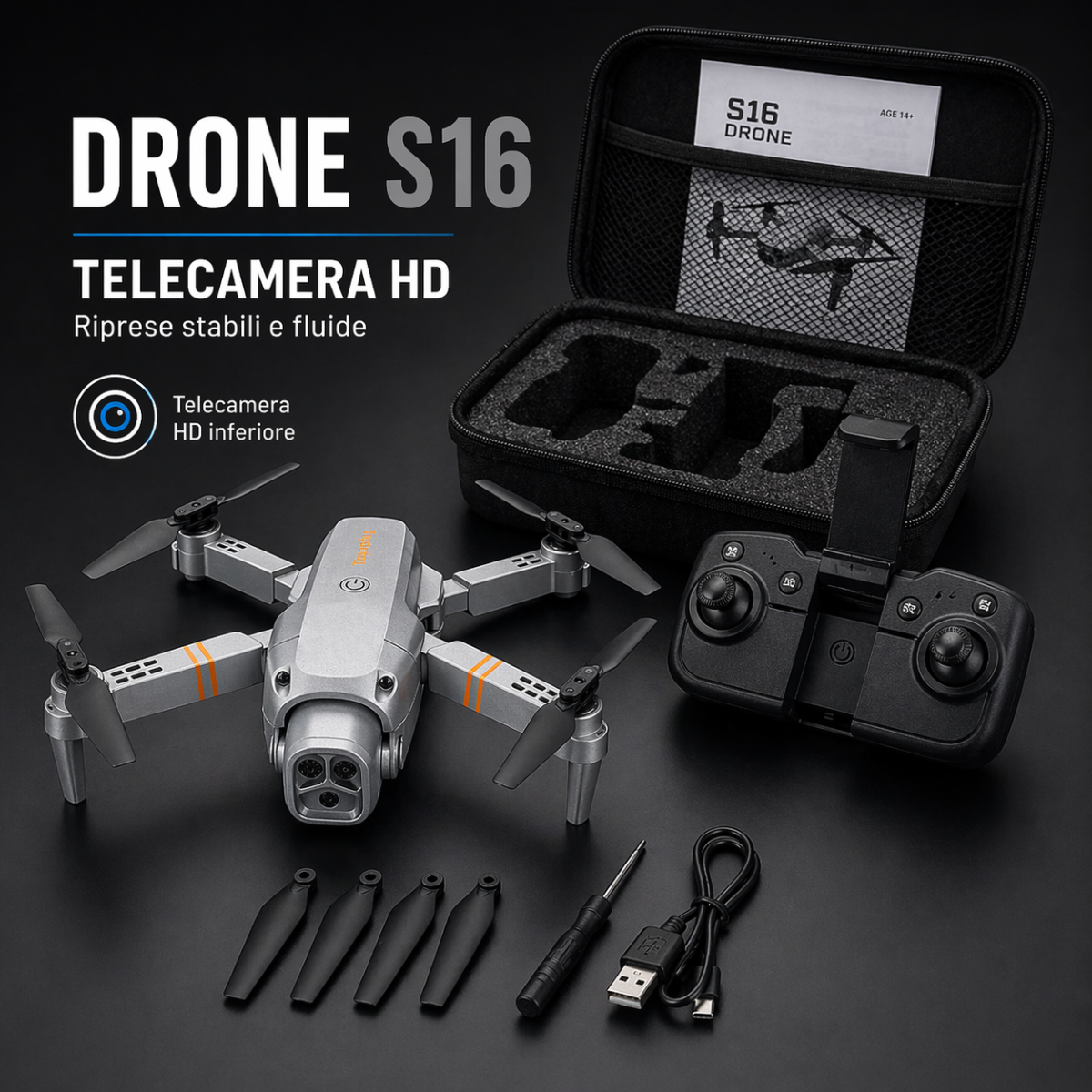 Mini drone pieghevole con telecamera HD inferiore e radiocomando, set nero