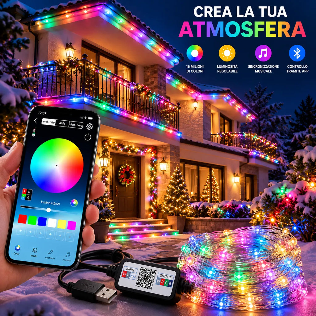 Luci natalizie LED RGB con smartphone per controllo app su esterni