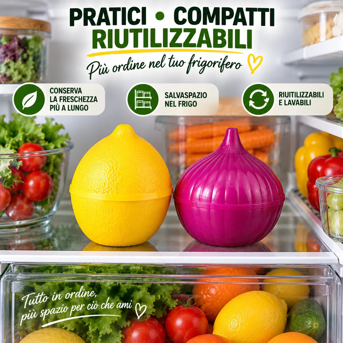 Contenitori riutilizzabili in plastica per limone e cipolla con coperchi