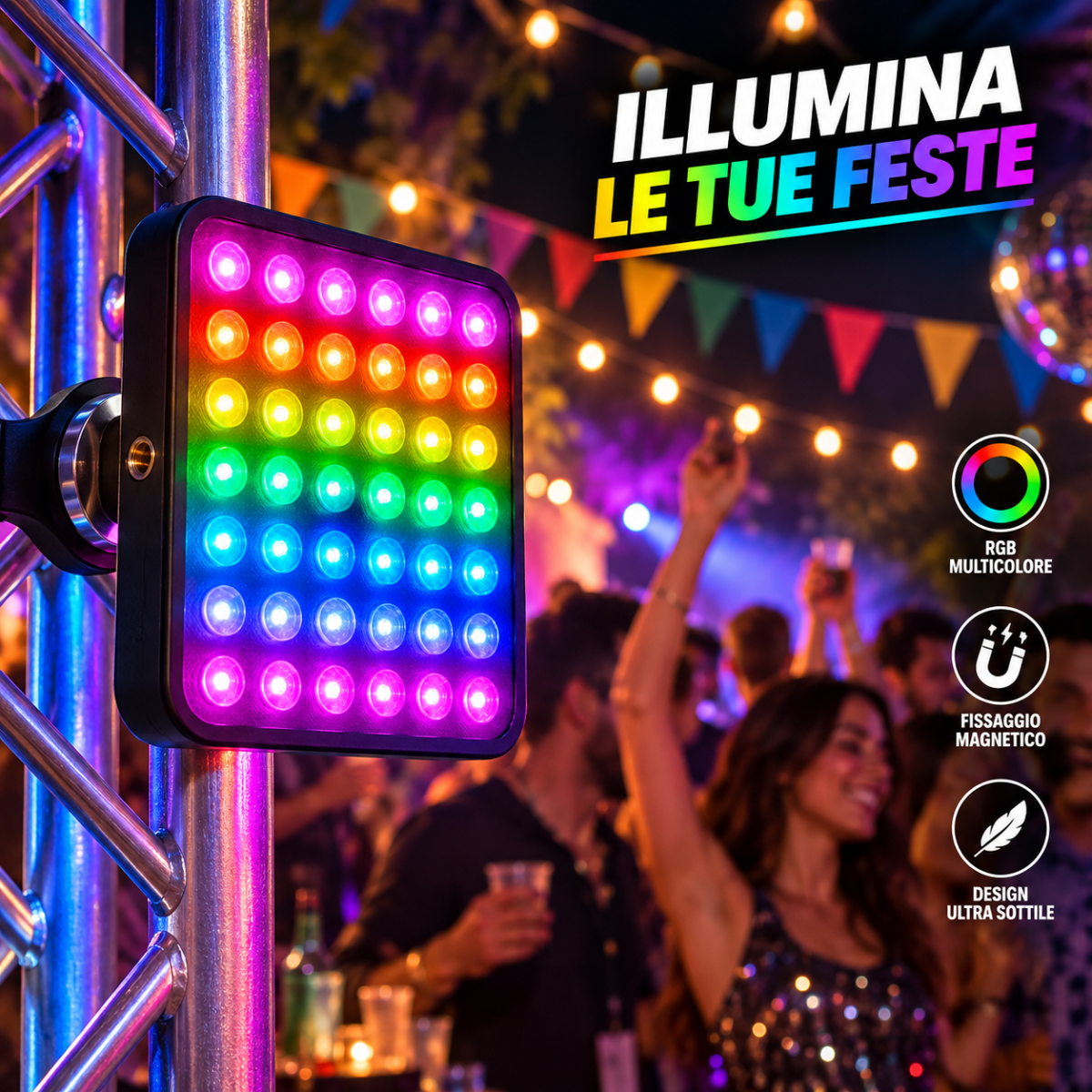 Pannello LED RGB magnetico con griglia di LED multicolore, fissaggio su asta metallica