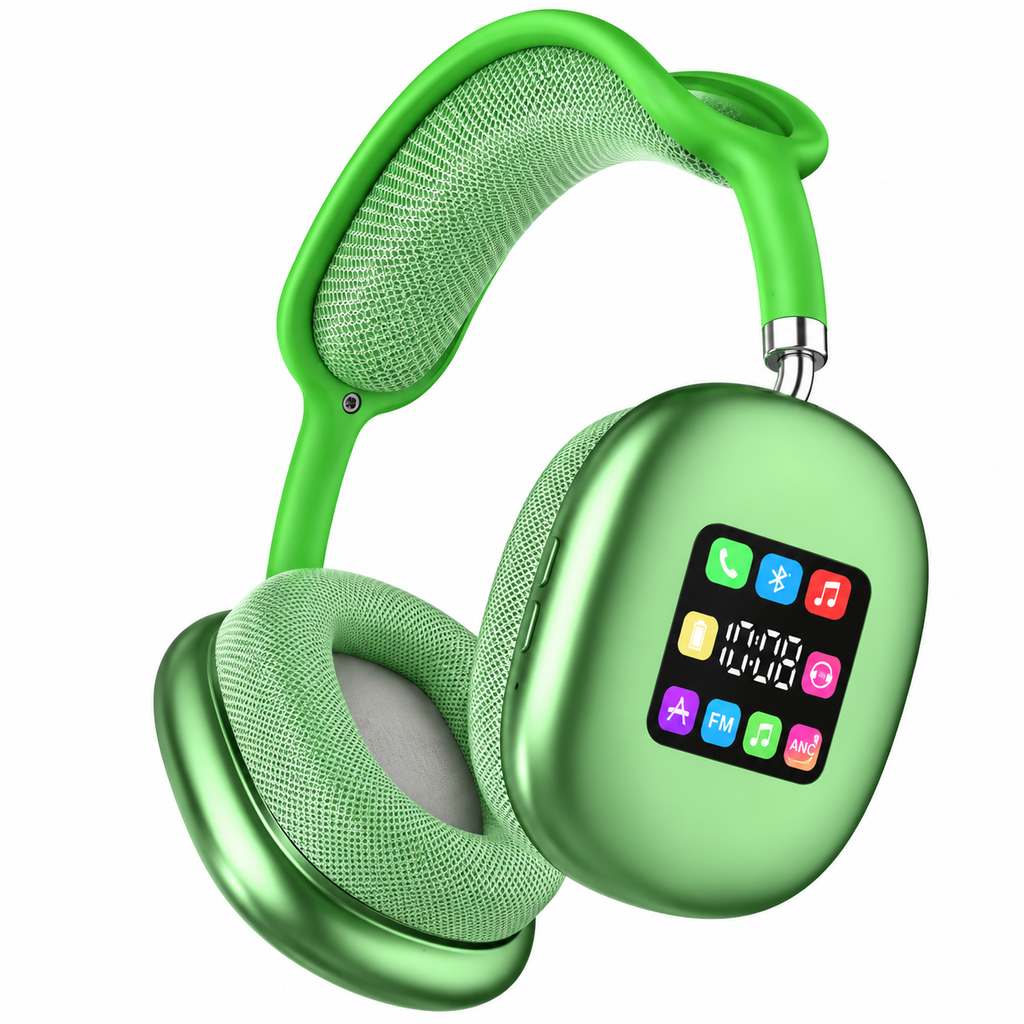 Cuffie over-ear wireless verdi con display LED e pad auricolari in tessuto