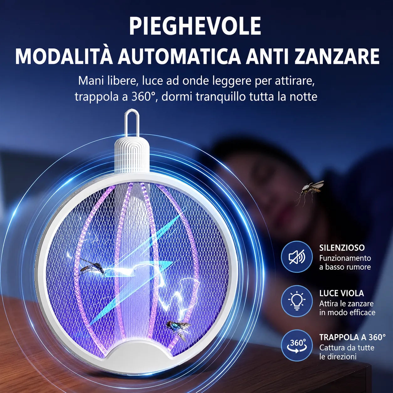 Racchetta Zanzare Elettrica 2 in 1 con Lampada UV Antizanzare Pieghevole USB Ricaricabile per Casa Campeggio Giardino