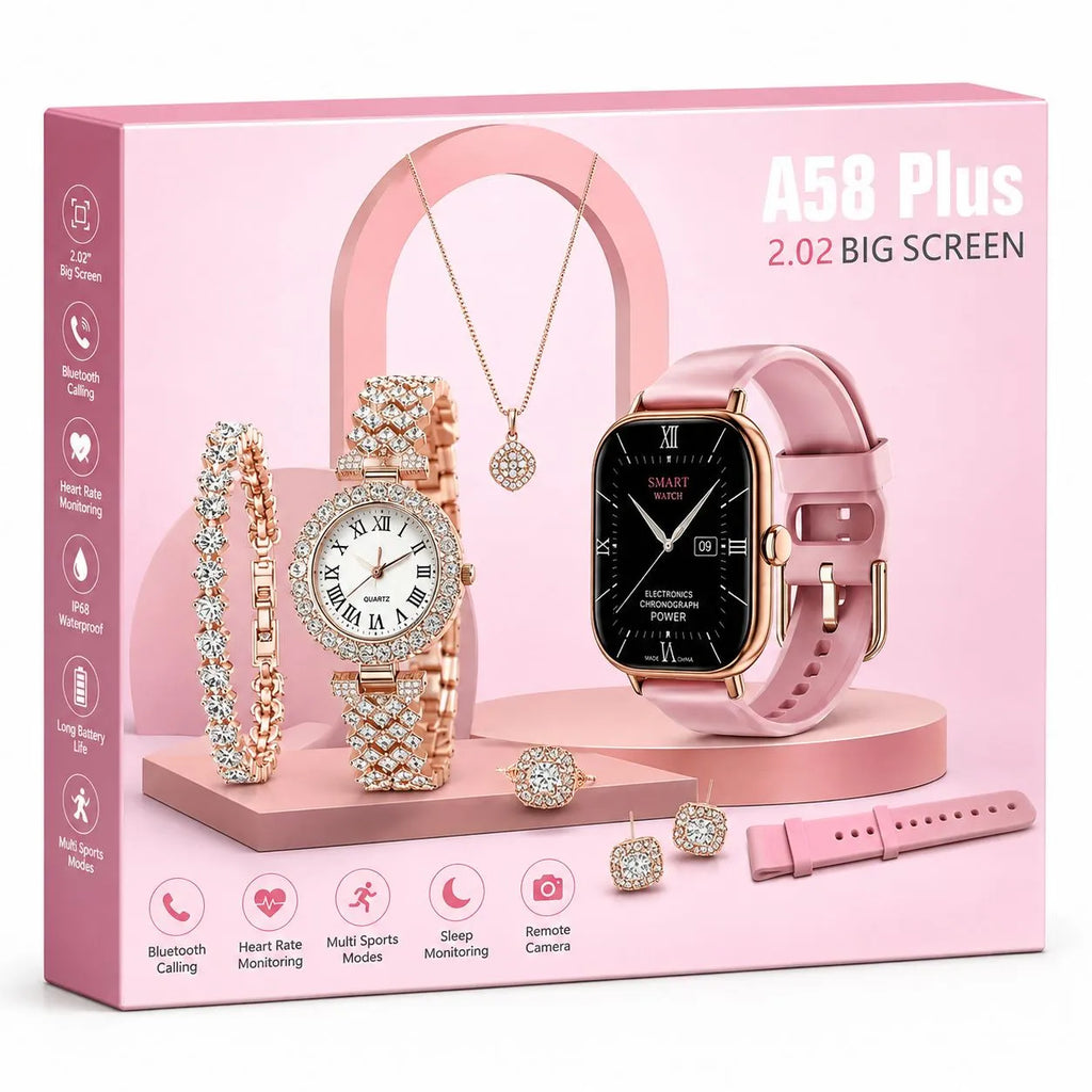 Confezione A58 Plus orologio intelligente da donna con cinturino rosa e schermo 2,02
