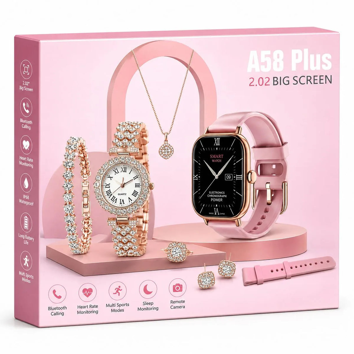 Confezione A58 Plus orologio intelligente da donna con cinturino rosa e schermo 2,02