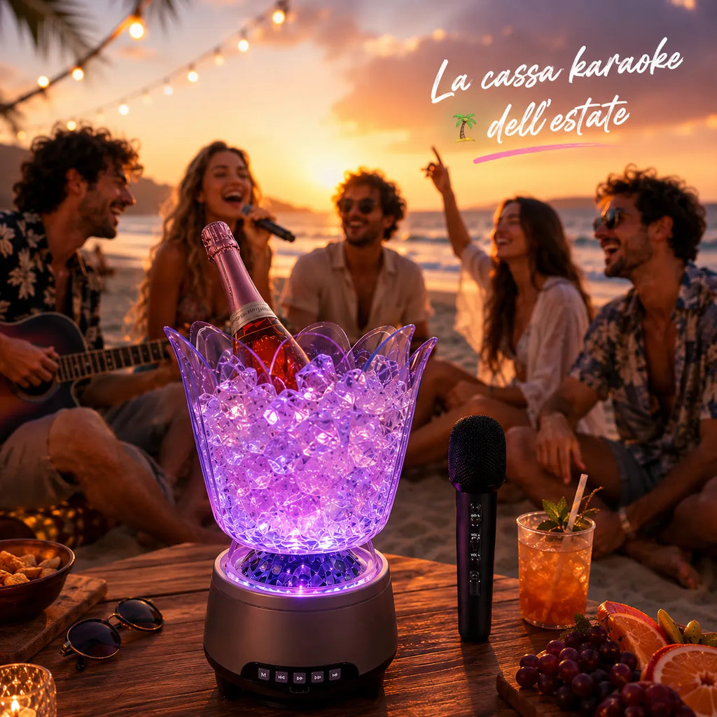 Altoparlante secchiello ghiaccio RGB con microfono wireless, luce LED viola.
