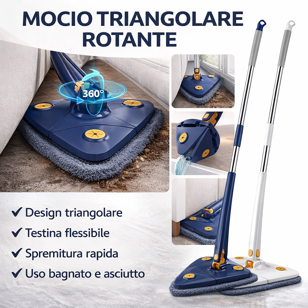 Mocio triangolare rotante 360° blu con panno grigio e due aste