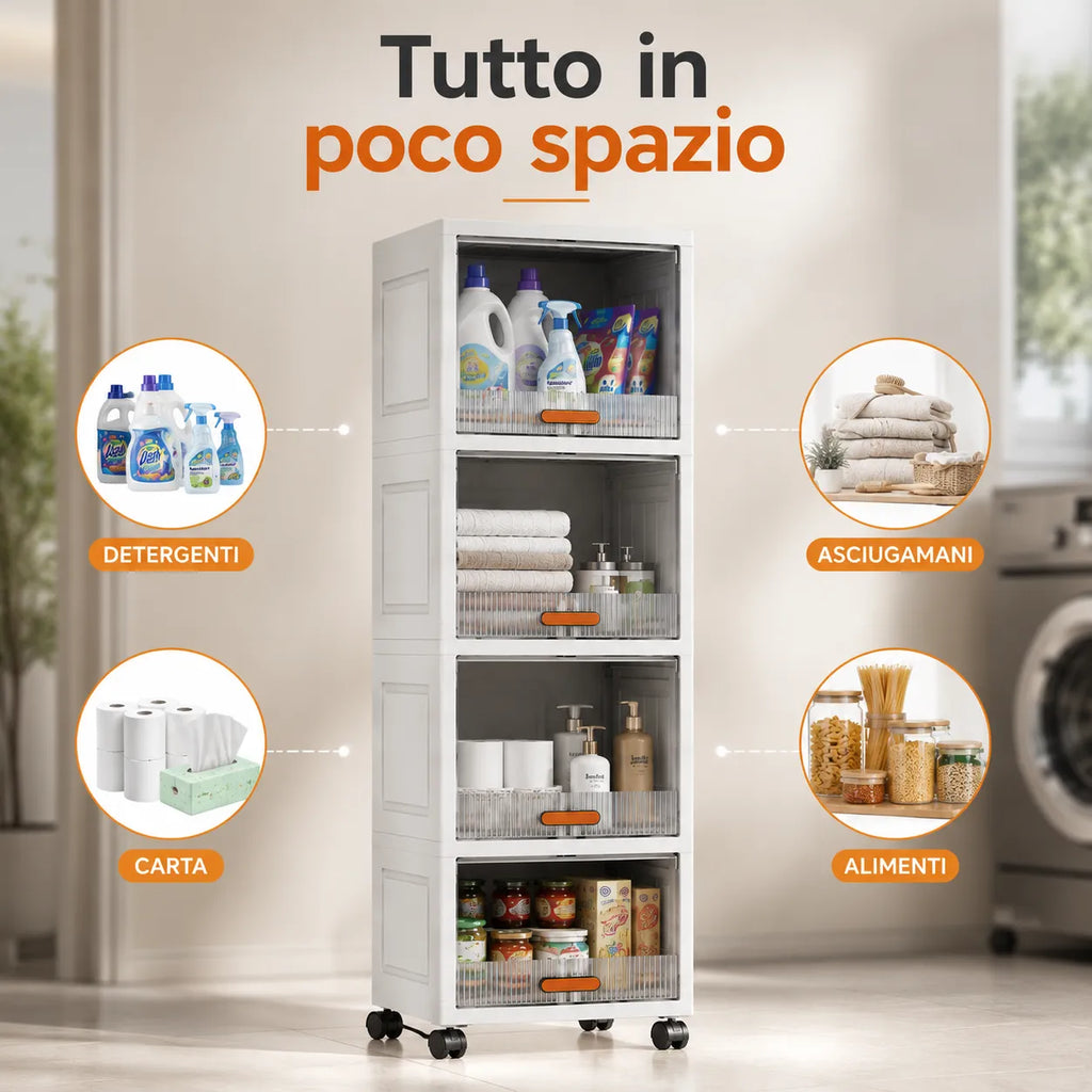 Armadio salvaspazio bianco con 3 ripiani a vista, ruote 360° e sportello laterale aperto