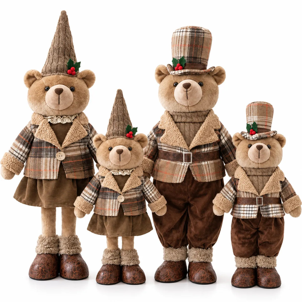 Set di orsetti natalizi decorativi in tessuto tartan e beige, quattro figure in posa