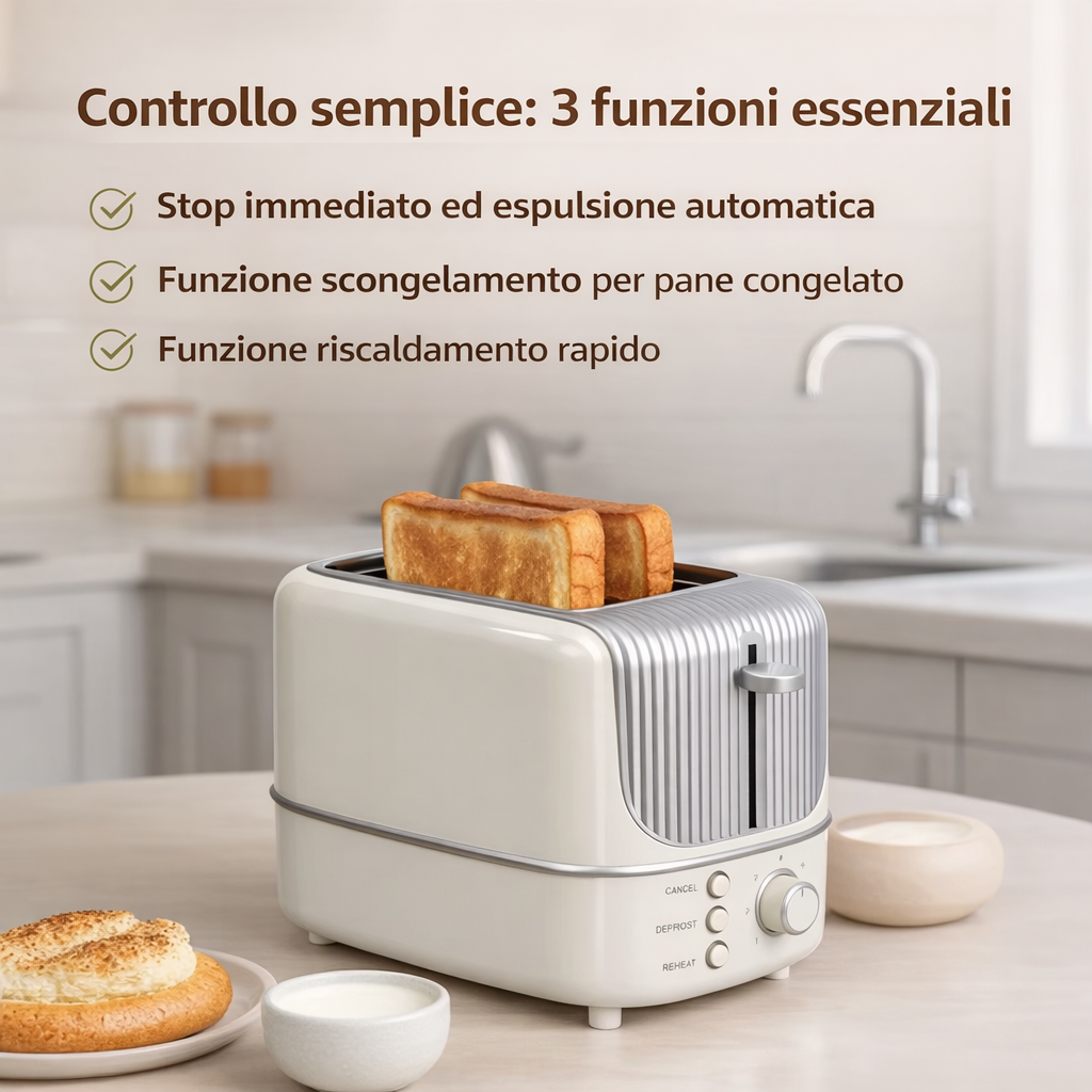 Tostapane a 2 fette bianco con toast in slot e manopola di controllo