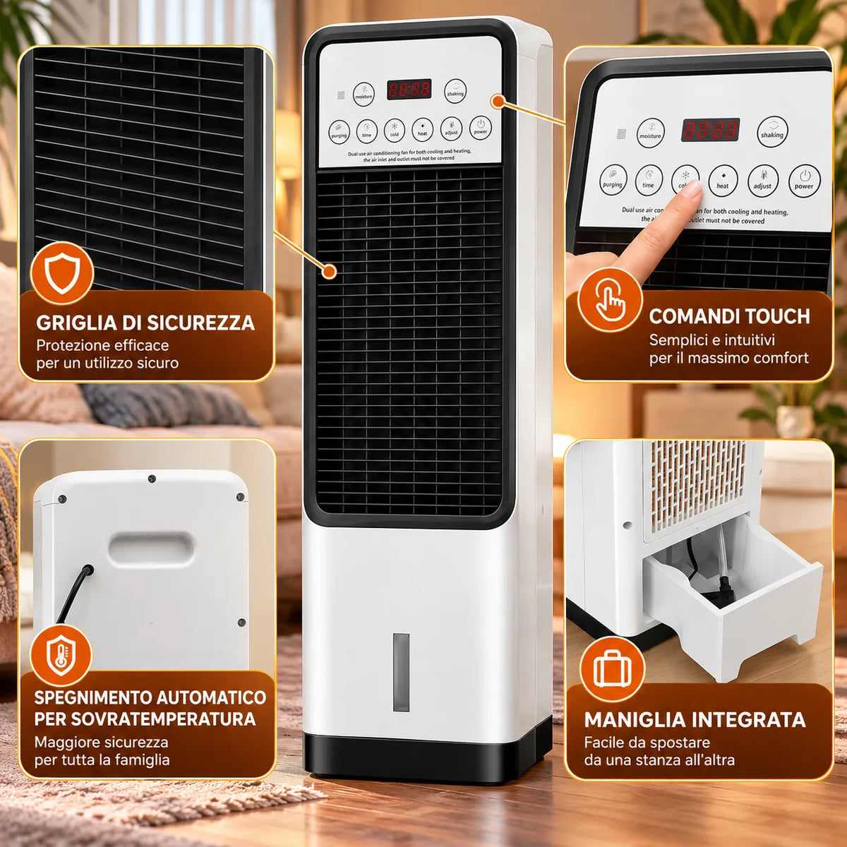 Raffrescatore e termoventilatore 3 in 1 bianco e nero con maniglia integrata e griglia.