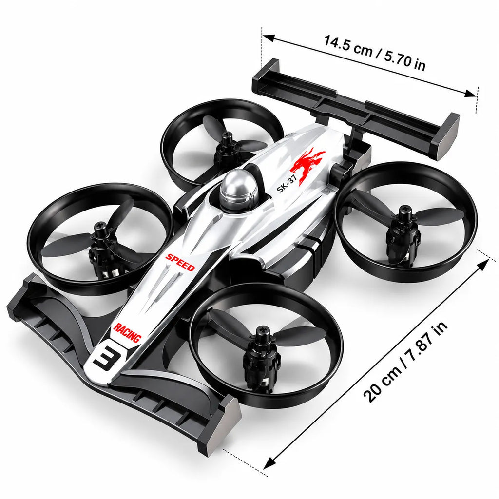 Quadricottero RC bianco con 4 eliche nere, vista dall’alto e telaio nero