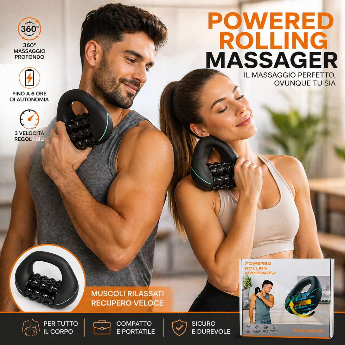 Massaggiatore muscolare elettrico con rulli percussivi e impugnatura ad anello blu.