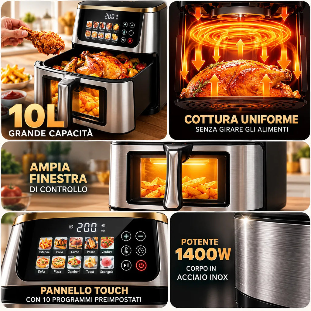 Friggitrice ad aria da 15 L, finestra ampia e potenza 1400 W in acciaio inox