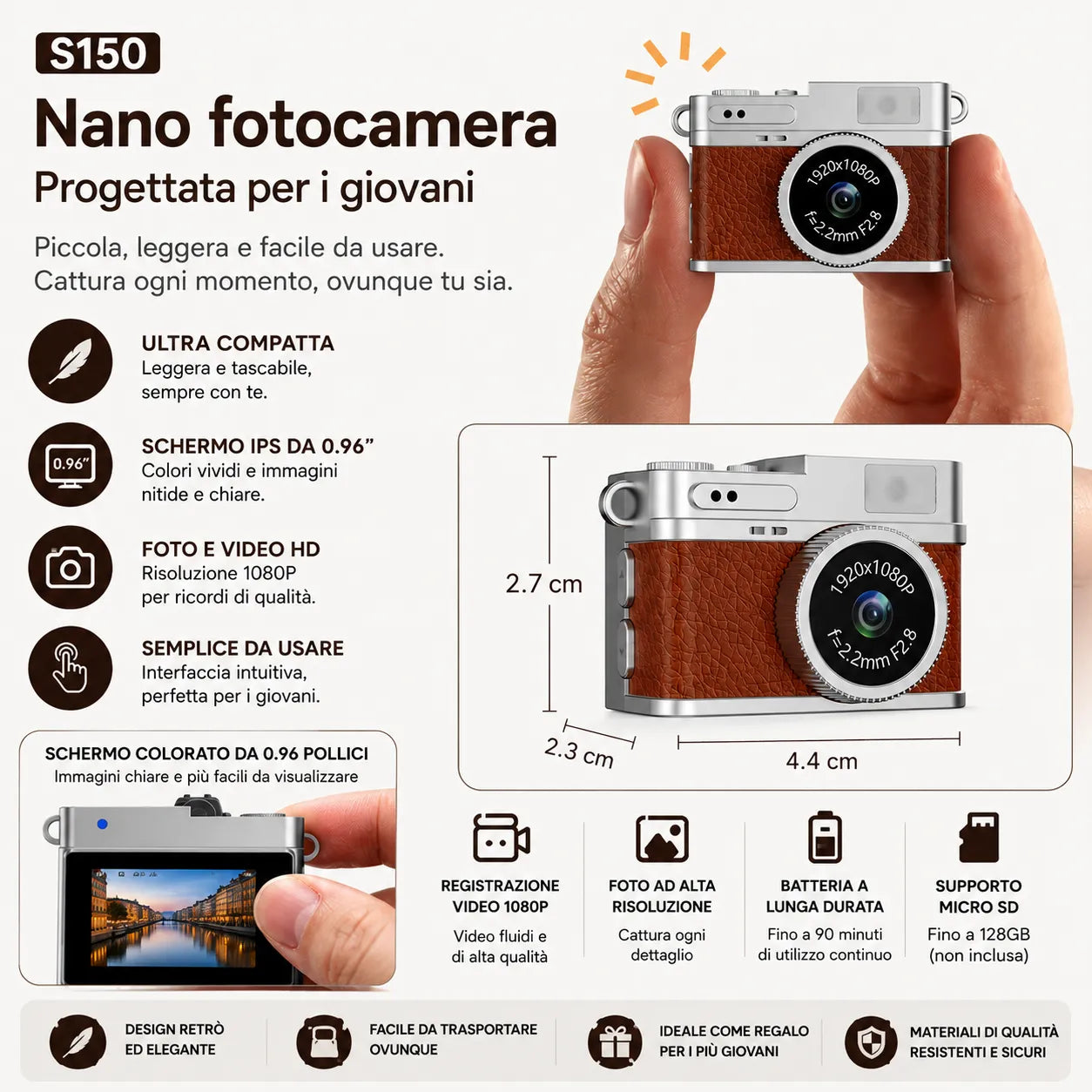 Nano fotocamera portachiavi retrò con scocca argento e rivestimento marrone, lente circolare.