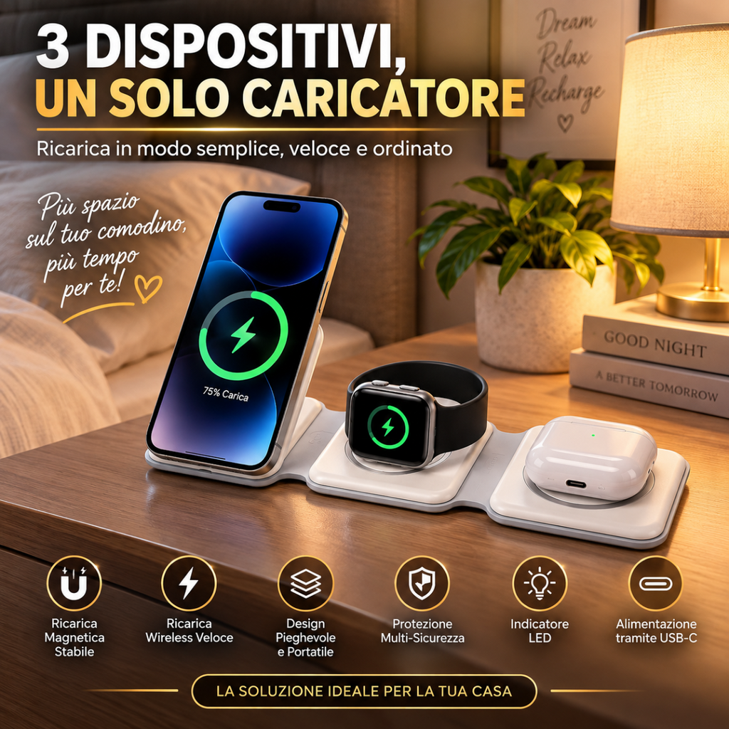 Base di ricarica magnetica pieghevole 3 in 1 con smartphone, smartwatch e auricolari