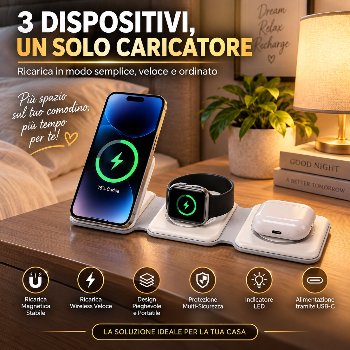 Base di ricarica magnetica pieghevole 3 in 1 con smartphone, smartwatch e auricolari