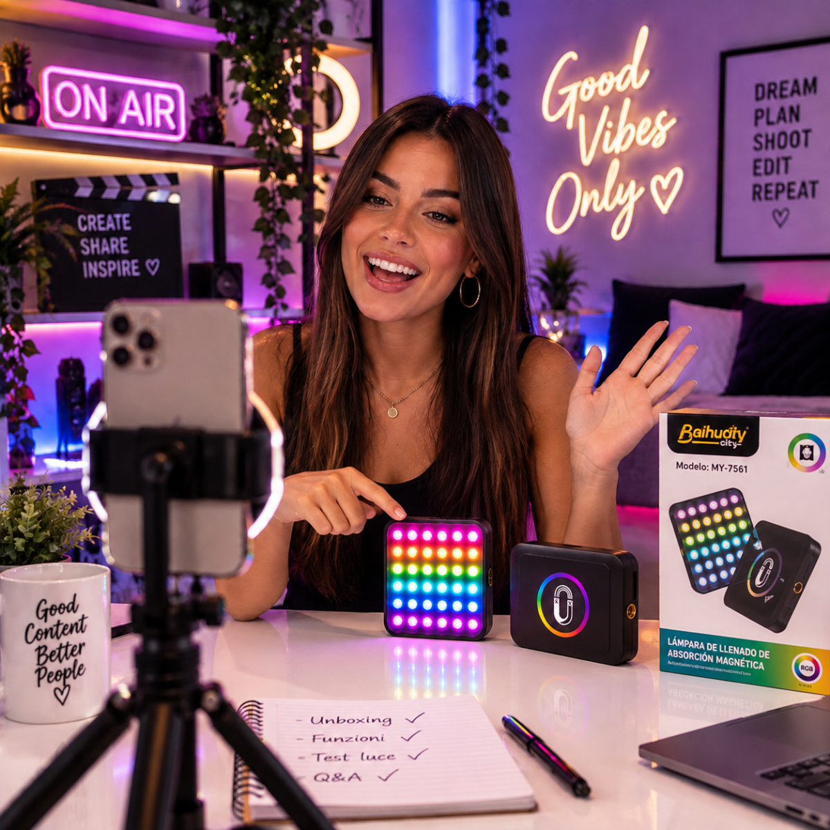 Pannello LED RGB magnetico ricaricabile con luce multicolore, usato per video