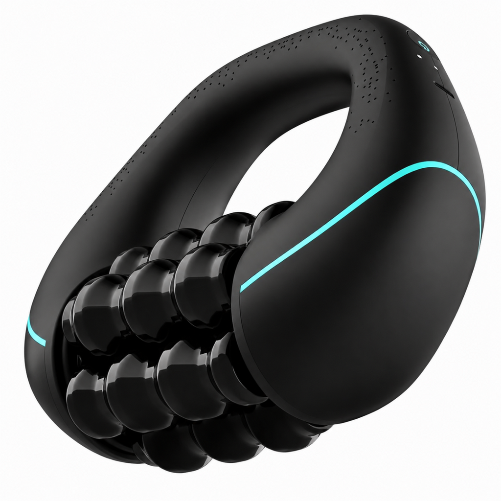 Massaggiatore muscolare elettrico nero con rulli percussivi e fascia blu.