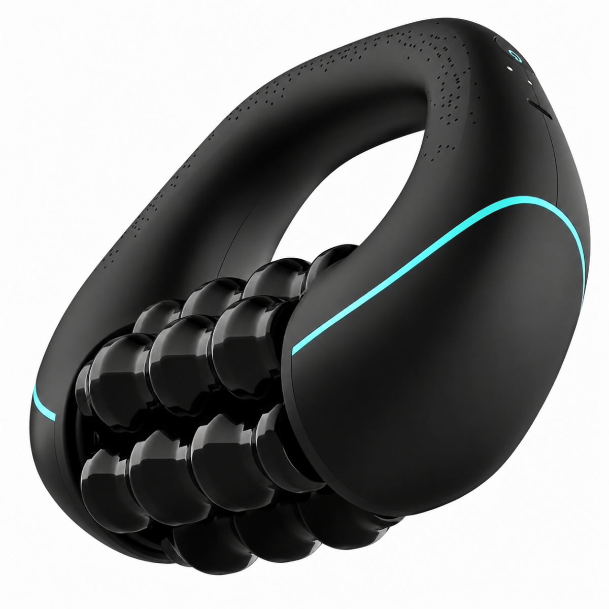 Massaggiatore muscolare elettrico nero con rulli percussivi e fascia blu.