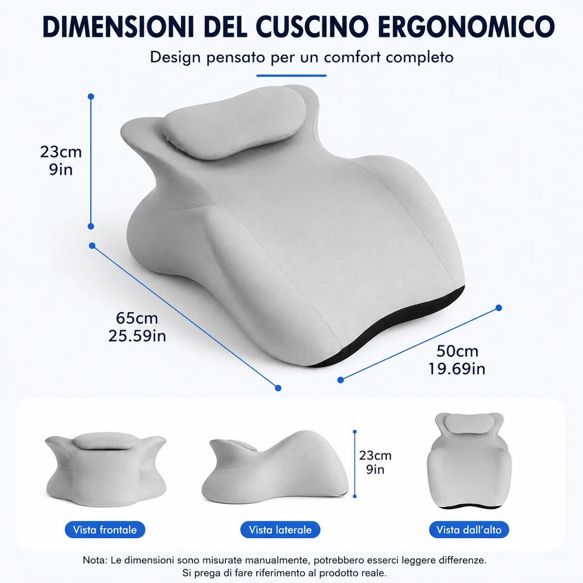 Cuscino ergonomico grigio sagomato con poggiatesta e indicazioni dimensionali