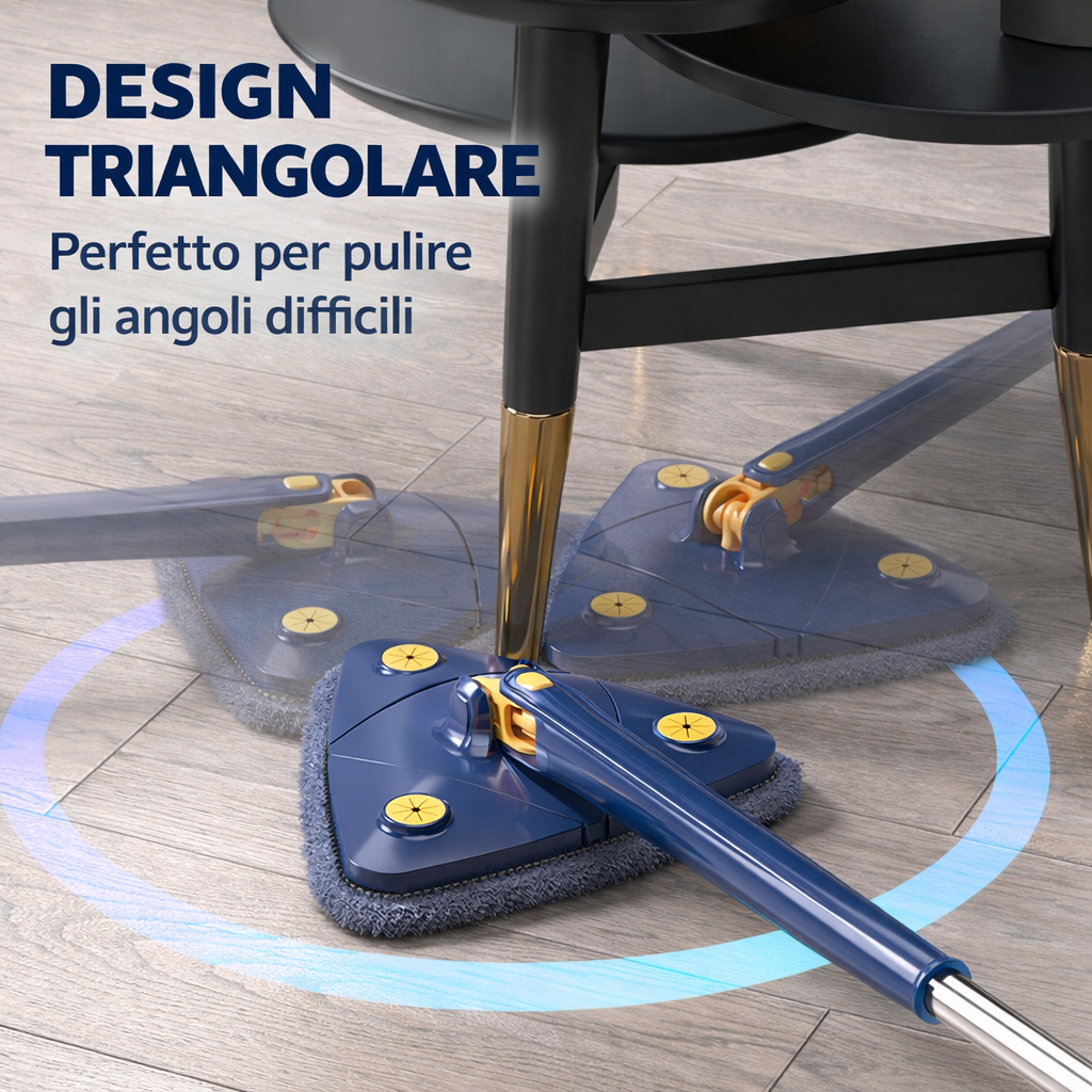 Mocio triangolare rotante 360° con base blu e panno in microfibra grigio