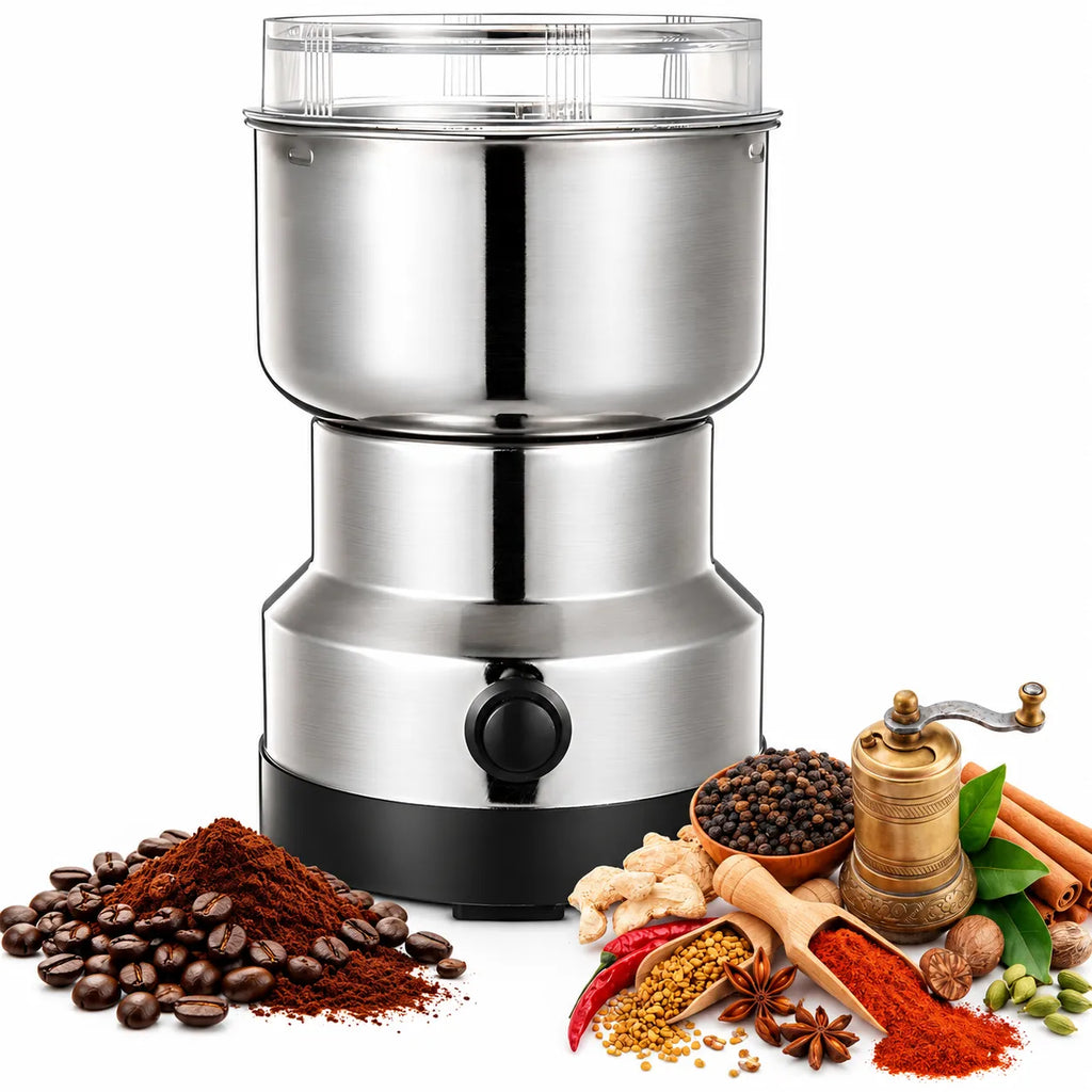 Macina caffè elettrico in acciaio inox con contenitore trasparente e manopola