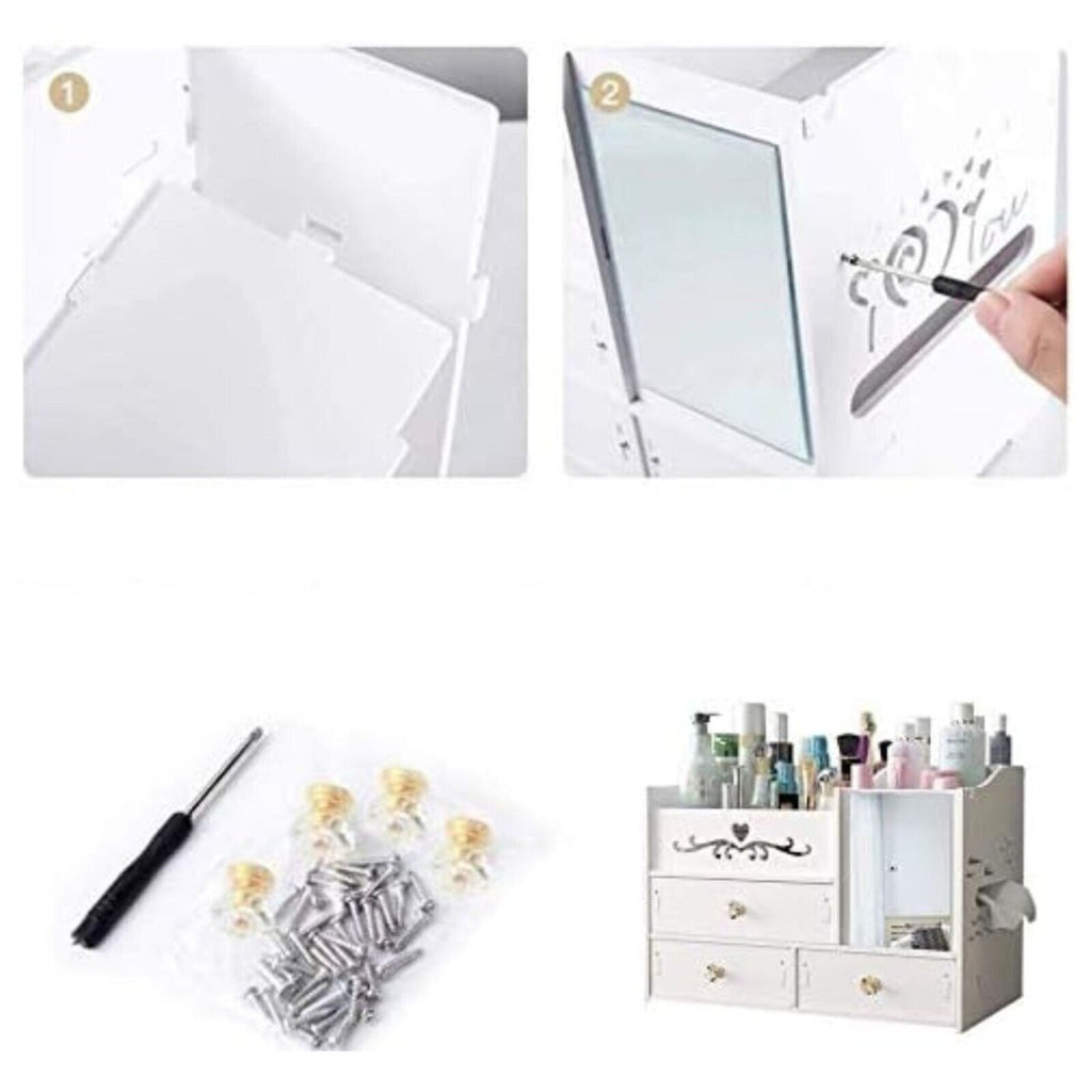 Organizer cosmetici bianco con parti di montaggio e vista dell’unità con specchio