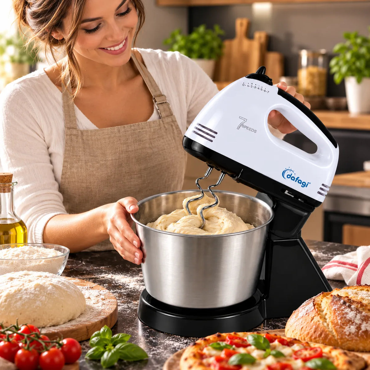 Sbattitore elettrico bianco/nero con ciotola inox e fruste metalliche in uso.