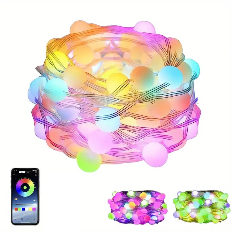 Catena luminosa natalizia con 50 LED multicolori, fili luminosi e sferette decorative