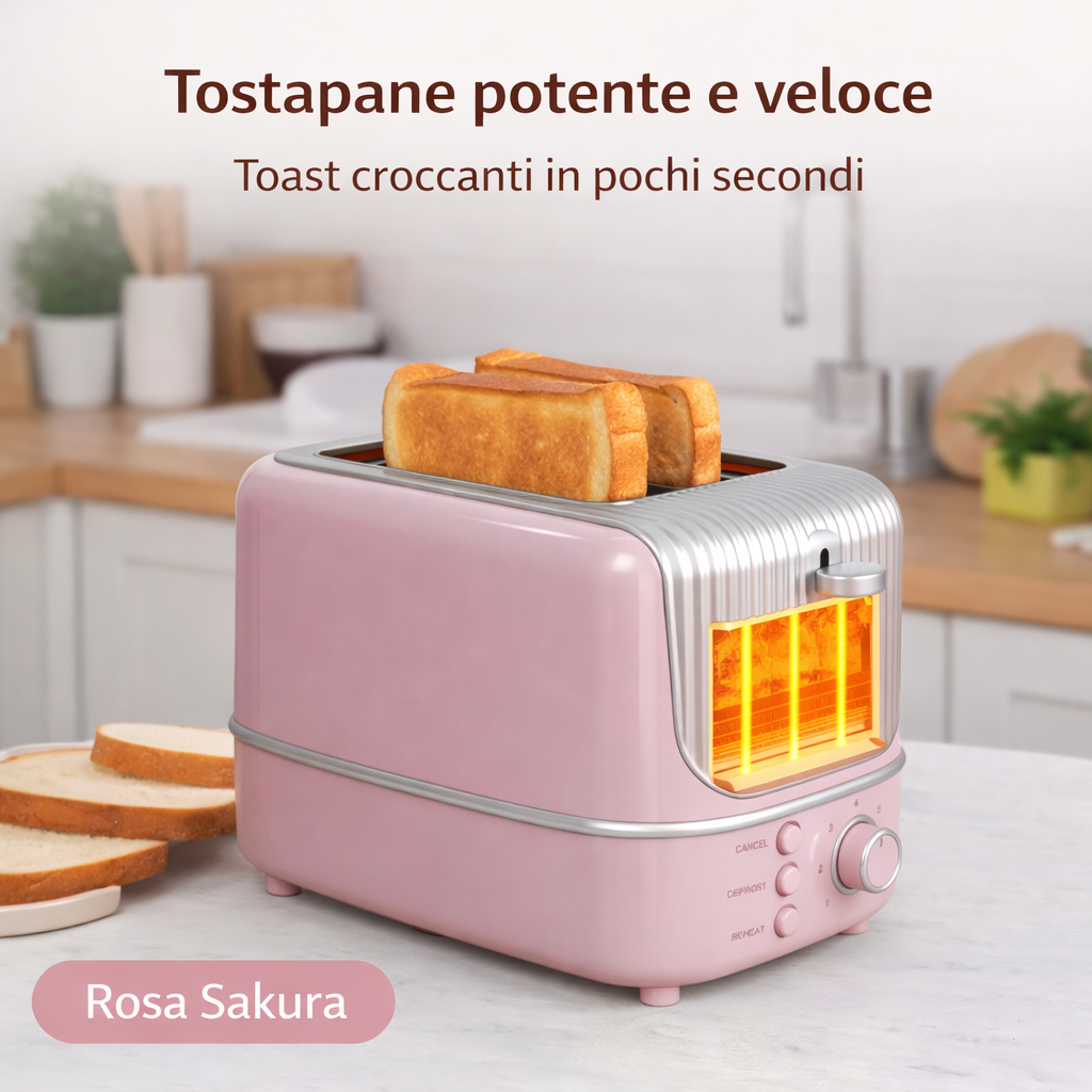 Tostapane a 2 fette rosa con slot illuminato e toast dorato in alto