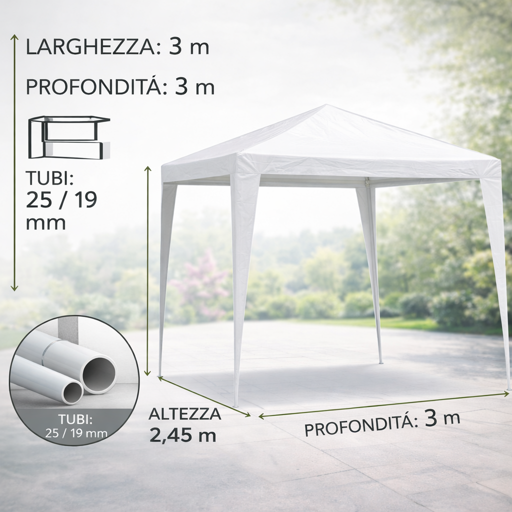 Gazebo 3x3 m da Esterno con Struttura in Ferro e Telo in Polietilene 100g – Altezza 2,45 m – Robusto, Impermeabile, Facile da Montare