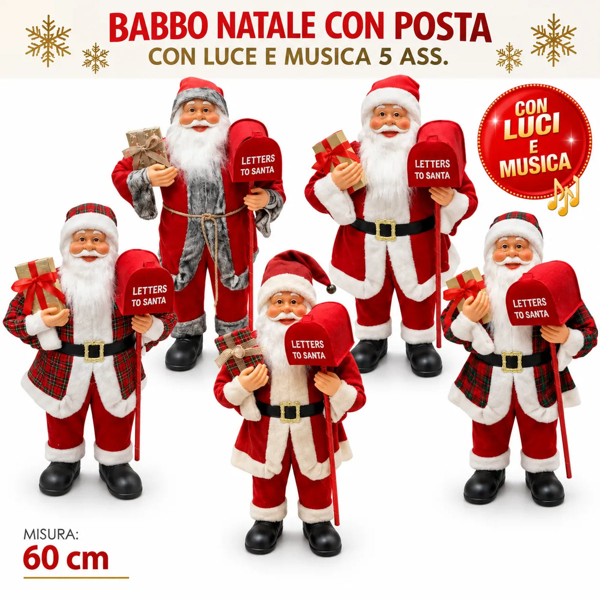 Set di 5 Babbi Natale assortiti rosso e bianco, con casetta postale “LETTERS TO SANTA”