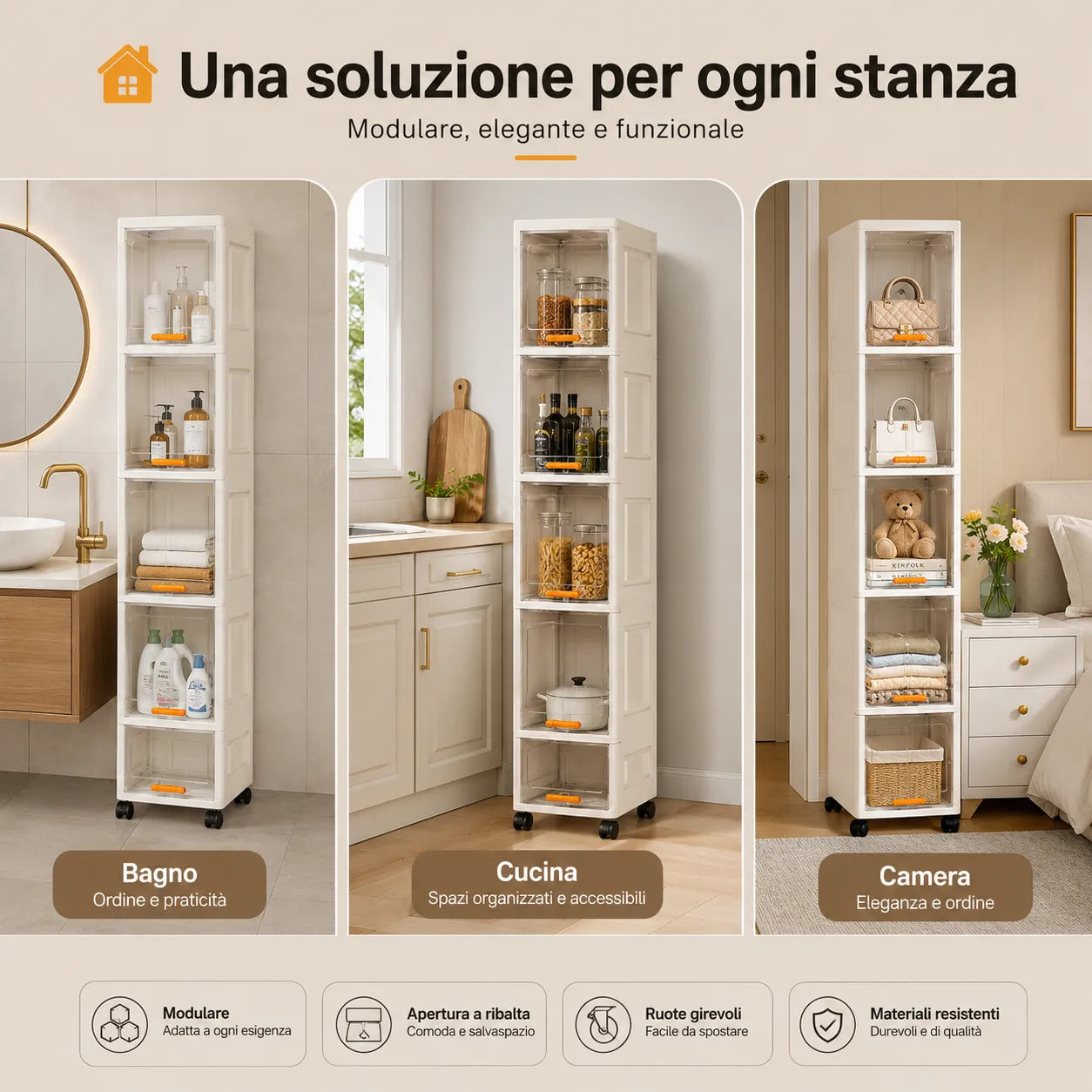 Armadio slim bianco su ruote con sportello a ribalta e ripiani, per bagno/cucina